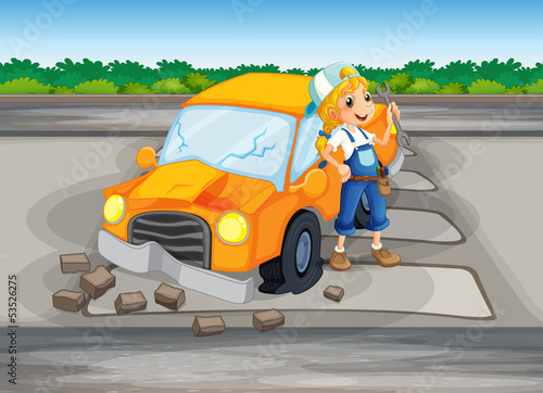 A girl repairing the damaged car at the road