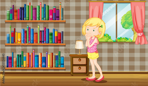 A girl inside a house full of books