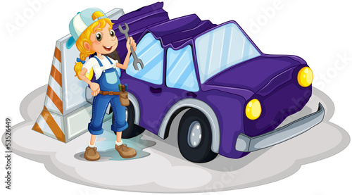 A girl fixing the broken violet car