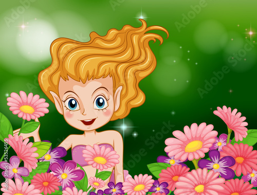 A happy fairy at the garden with colorful flowers