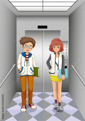 Two women inside the elevator