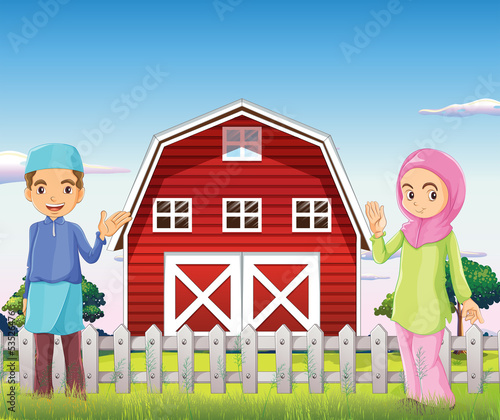 A male and a female muslim in front of a barnhouse