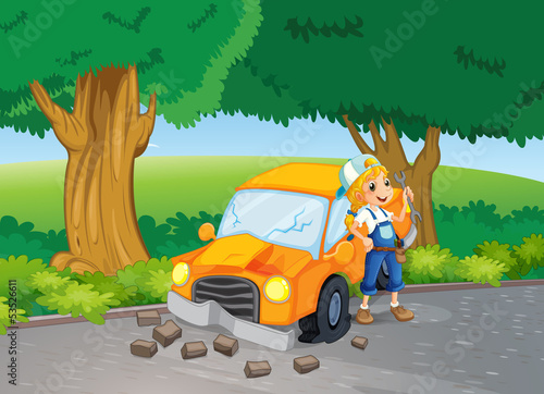 A car crash at the road near the big trees