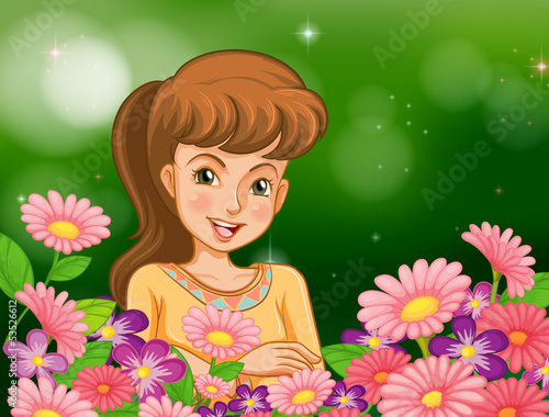 A smiling girl at the garden with flowers