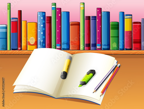 An empty book in front of the wooden shelf with books