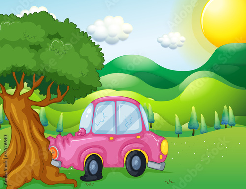 A pink car bumping the big tree