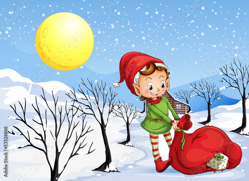 An elf holding a bag of gifts