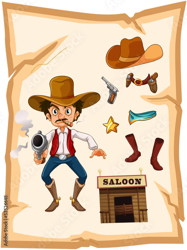 A poster with an armed old cowboy and a saloon bar