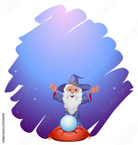 A wizard with a crystal ball above a pillow