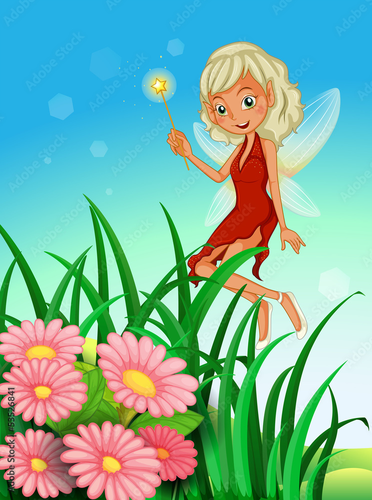 A fairy holding a wand near the garden with flowers A fairy holding a wand near the garden with flowers
