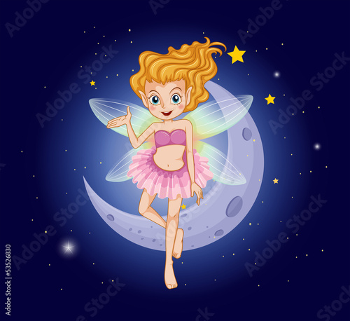 A fairy with a pink dress near the moon
