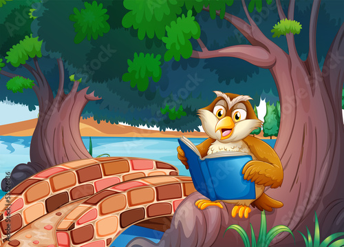 An owl reading a book under the tree near the bridge