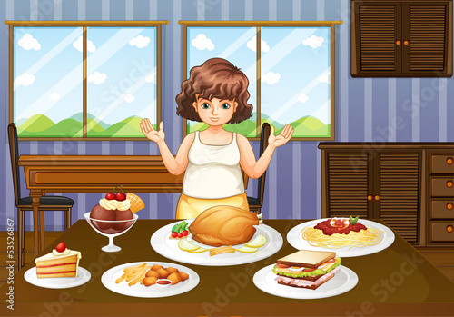 A fat lady in front of a table with many foods