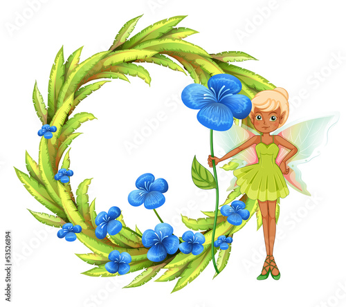 A round leafy border with a fairy holding a blue flower