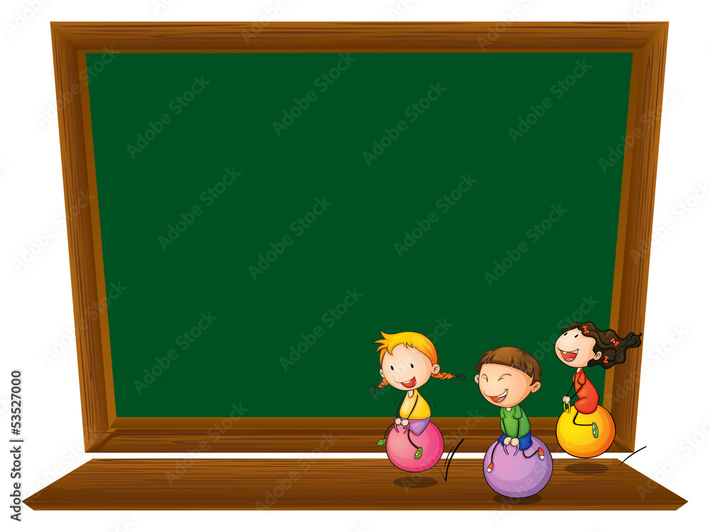 An empty blackboard with three playful kids