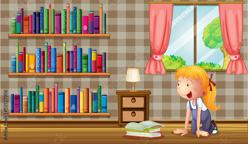 A girl inside the house with many books