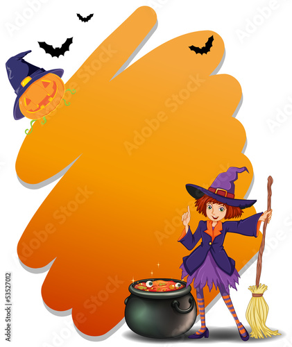 A witch holding a broomstick beside her magical pot