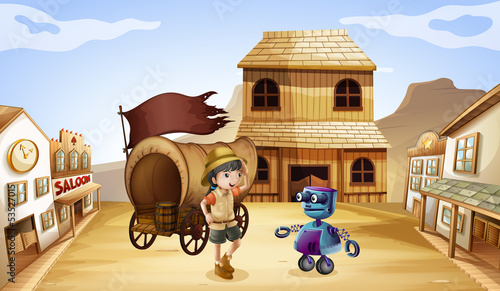 A robot and a girl near the wagon