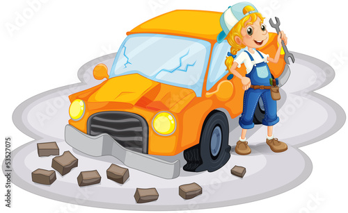 A young girl fixing an orange car