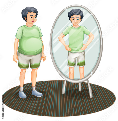 A fat man outside the mirror and a skinny man inside the mirror