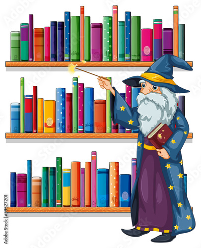 A wizard holding a wand in front of the shelves with books