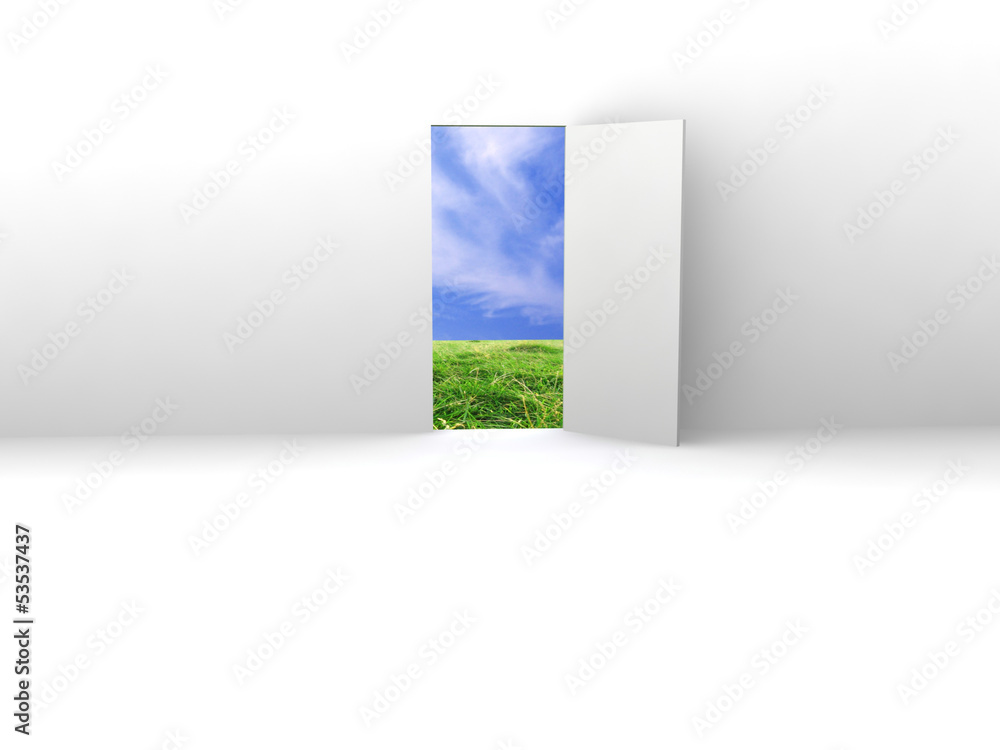 Exit with door to natural landscape. Concept - eco house. Exit with door to natural landscape. Concept - eco house.