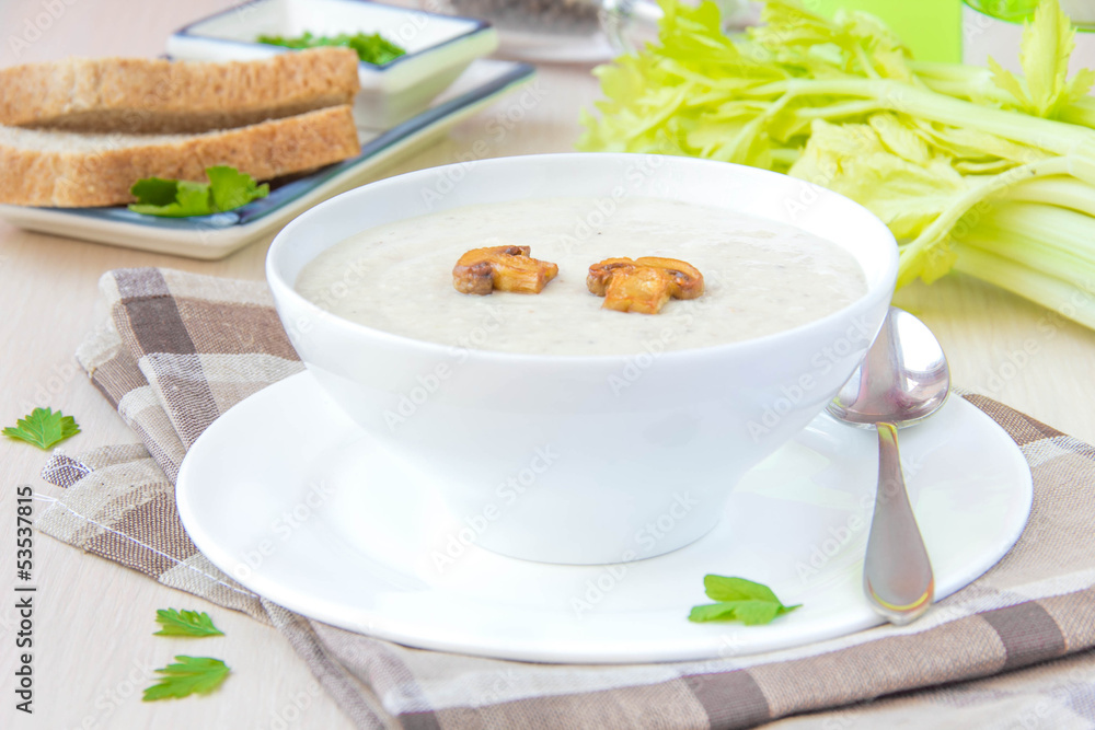 Delicate cheese cream soup with mushrooms and vegetables Delicate cheese cream soup with mushrooms and vegetables