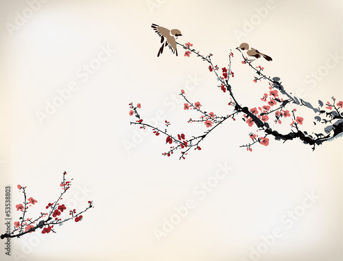 Obraz narysowane ptaki na kwitnących gałęziach