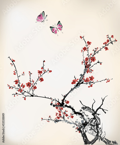 Plakat motyl kwitnący kwiat drzewa japonia