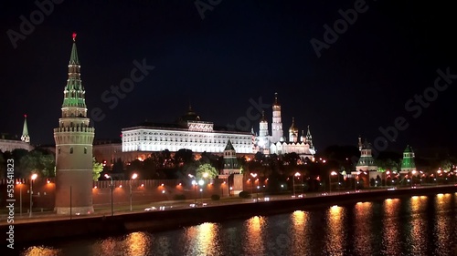View of the Kremlin embankment at night in Moscow