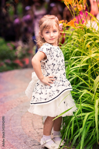 Charming little girl in a beautiful dress outdoor