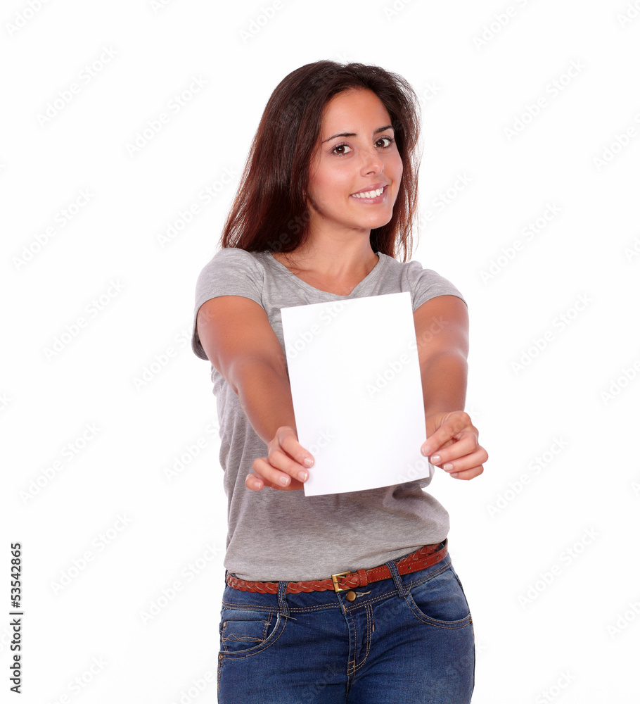 Gorgeous young woman holding a blank card Gorgeous young woman holding a blank card