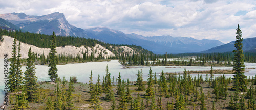 Athabasca river panorama with Rocky Mountains, Alberta, Canada