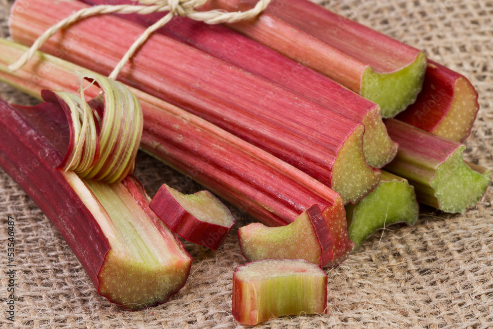Fototapeta premium rhubarb stalks on jute background