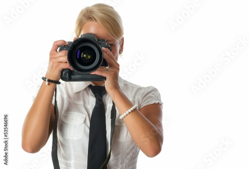 blonde Frau mit Fotoapparat