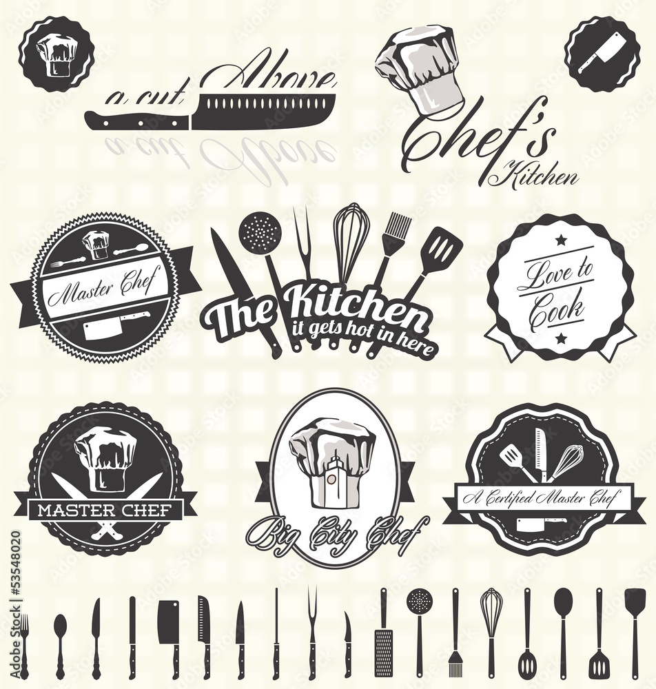 Vector Set: Retro Style Master Chef Labels and Icons