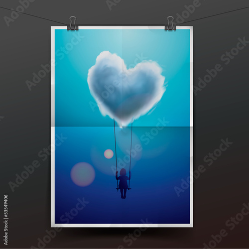 Child on swing under heart shape cloud, vector Eps10 image.