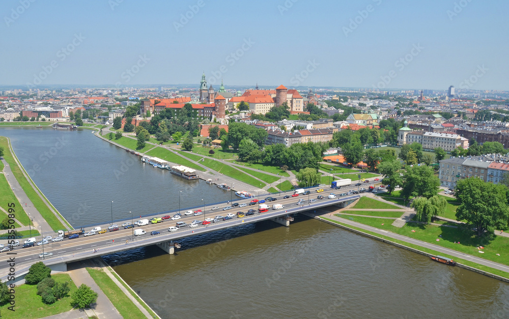 Wawel Castle, Vistula river and bridge in Krakow, Poland