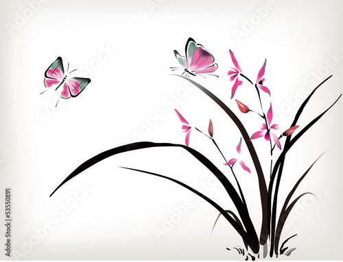 Chinese Orchid and butterfly ink style