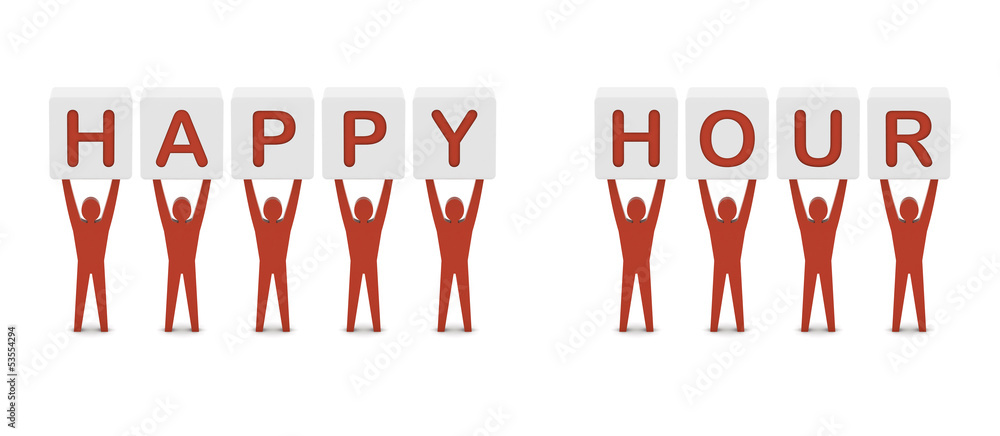 Men holding the phrase happy hour. Concept 3D illustration. Men holding the phrase happy hour. Concept 3D illustration.
