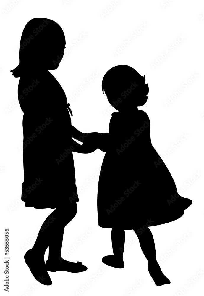 happy sisters playing, silhouette vector