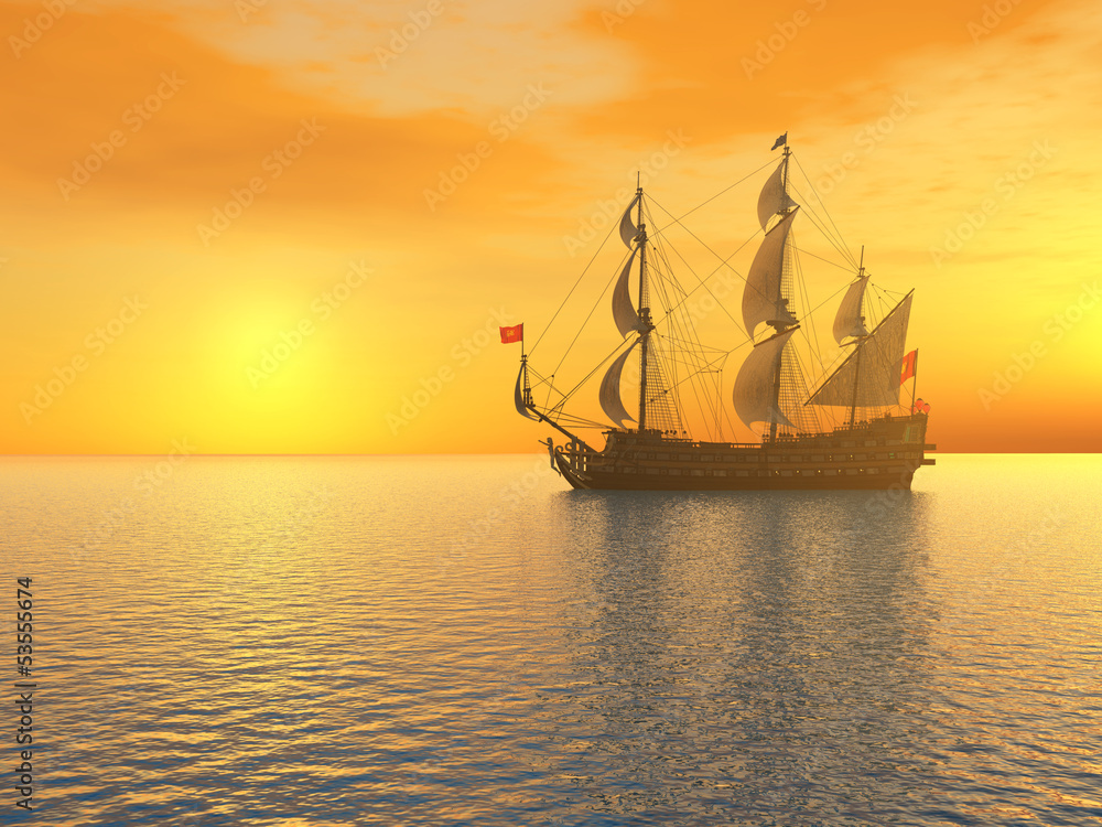 Obraz premium Segelschiff vor einem Sonnenuntergang