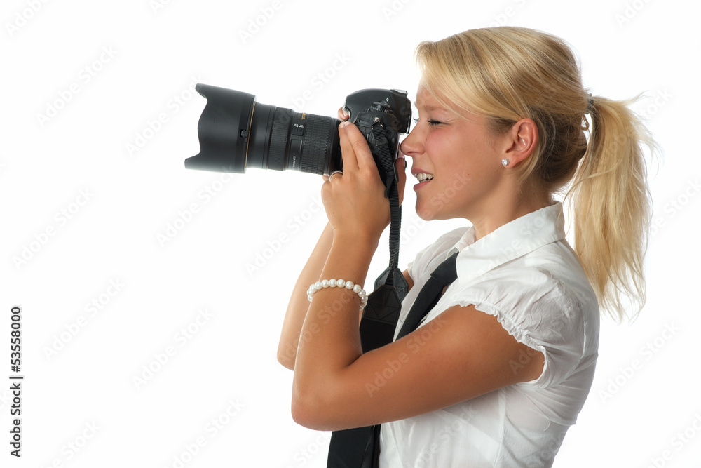 blonde Frau mit Fotoapparat