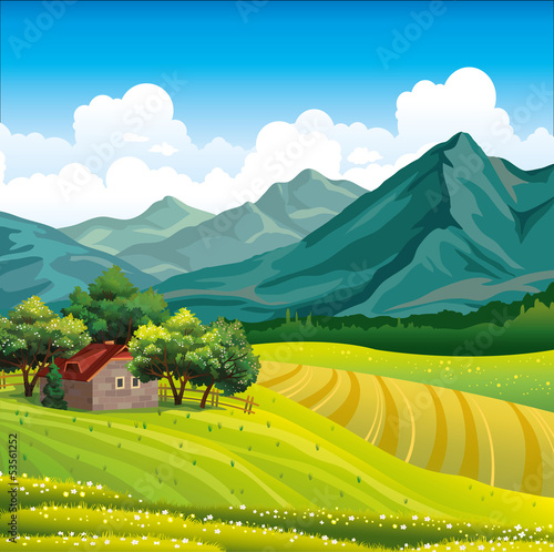 Landscape with wooden house and green field