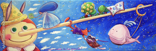 Obraz na plátně Pinocchio with The Fairy, The Cat, The Fox and The Whale
