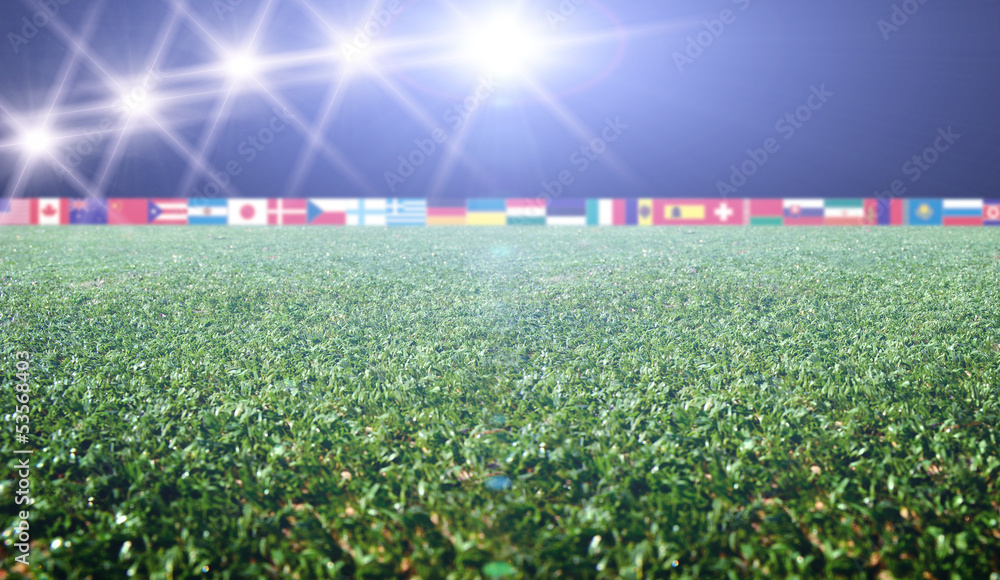 soccer stadium with flags and lights Stock Photo | Adobe Stock
