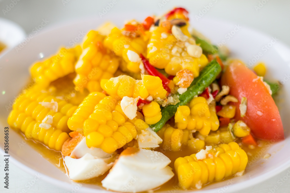 Thai food, corn salad with salted spicy sour dressing