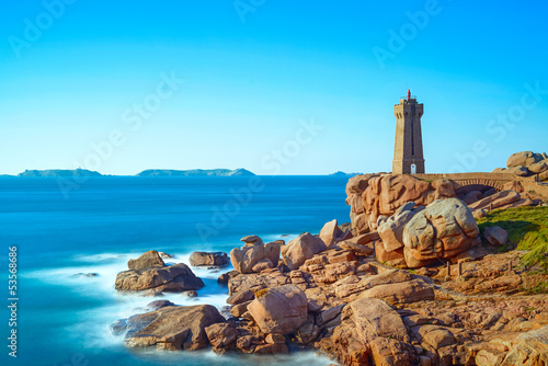 Ploumanach lighthouse, pink granite coast, Brittany, France. photo