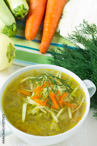 Bowl of vegetable soup with fresh vegetables