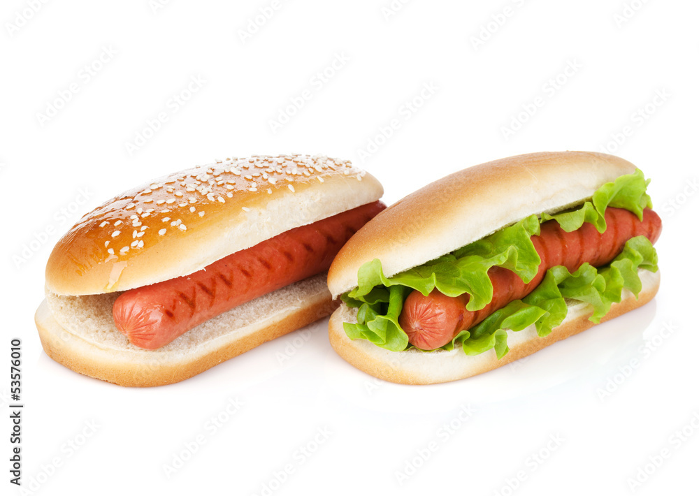 Two hot dogs with various ingredients Two hot dogs with various ingredients
